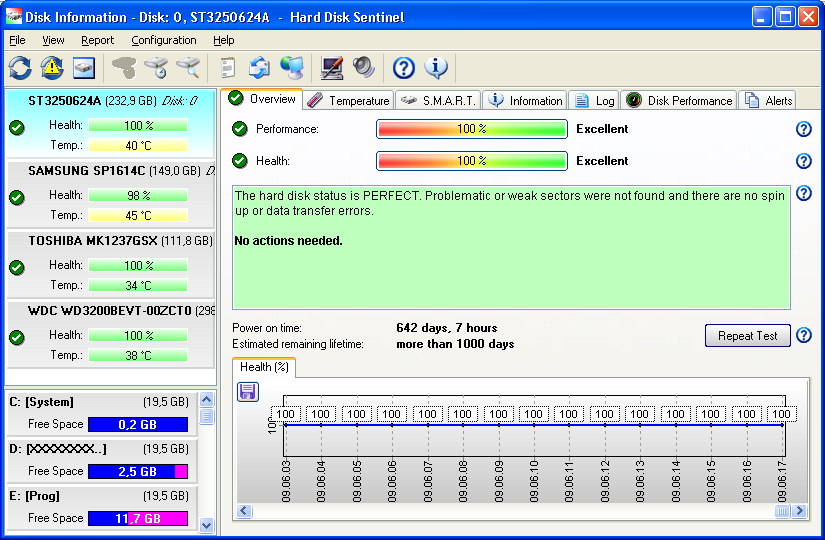 Main window with hard disk information