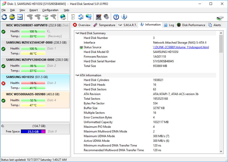 Hard Disk Sentinel NAS disk status