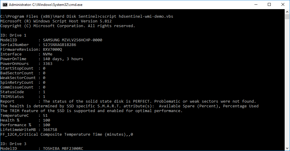 Hard Disk Sentinel WMI output NVMe SSD