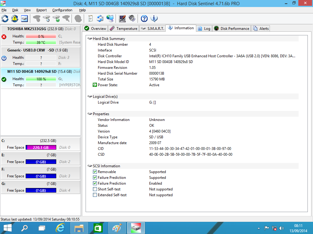 Generic information of the detected microSD SD card 
